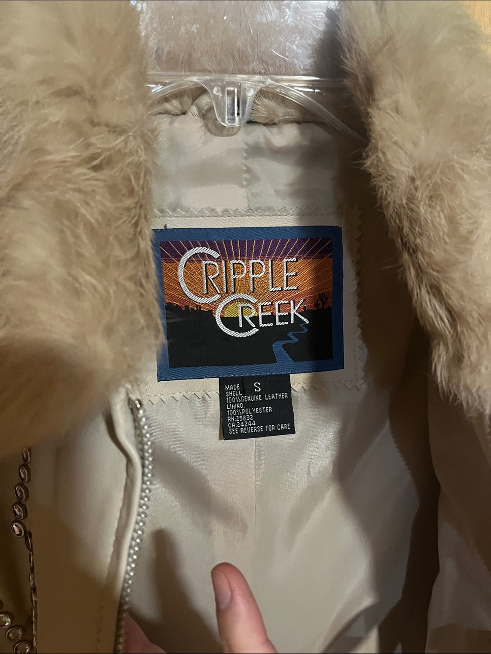 Cripple Creek Jewel Embellished Cream Fur-Trim Leather Jacket - Picture 2 of 10